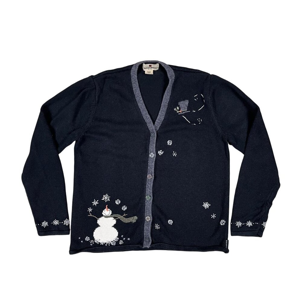 Woolrich Cardigan Sweater Womens Medium Winter Snowman Black